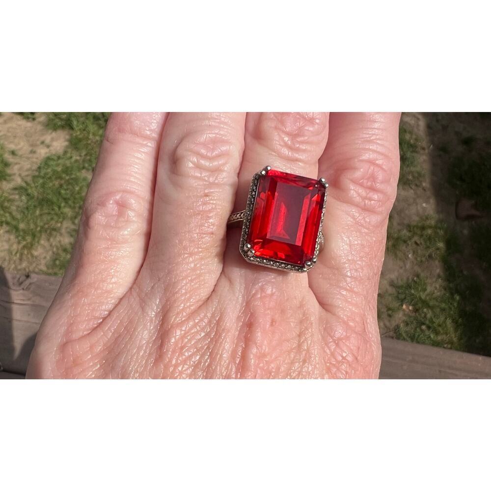 Sterling Silver Orange/Red Emerald Cut Ring Statement Bold Vintage Style 8.75 - Picture 8 of 8